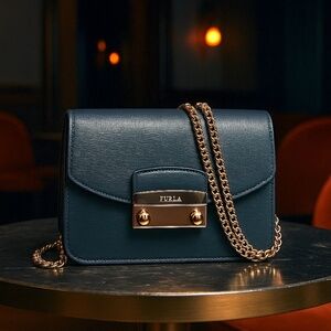 Authentic Furla Petroleum Mini Julia with Gold Chain Strap Crossbody Bag